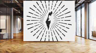 Vintage map of Israel. Grunge sunburst around the country. Black Israel shape with sun rays on white background. Vector illustration. Wall mural