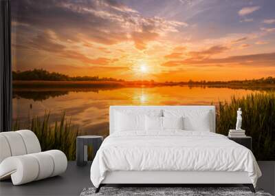 Scenic view of beautiful sunrise or dawn above the pond or lake at spring or early summer morning with cloudy sky background, fog over water and reed grass with dew at foreground. Landscape. Water ref Wall mural