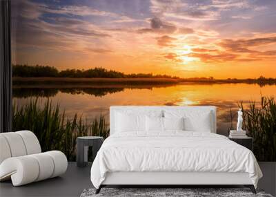 Scenic view of beautiful sunset or sunrise above the pond or lake at spring or early summer evening with cloudy sky background and reed grass at foreground. Landscape. Water reflection. Wall mural