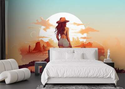 Illustration of a girl with luggage. Girl traveler. Tourist. Travel. Wall mural