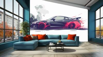 Illustration of a sports car with smoke from the wheels on a white background. Wall mural