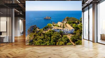 Aerial view on mediterranean sea and monastery Wall mural