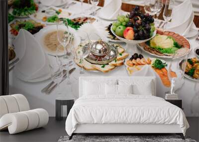 Banquet wedding table setting on evening reception Wall mural