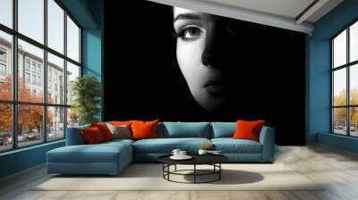 black and white portrait of beautiful woman in dark Wall mural