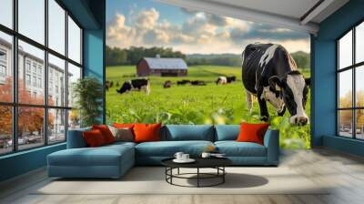 A beautiful black and white cow grazes peacefully in a lush green field surrounded by a serene pastoral landscape. Farming concept Wall mural