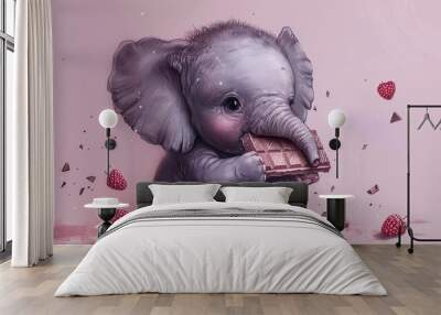 Cute elephant happily eats a piece of chocolate while enjoying a sweet dessert while sitting on a colorful lilac background Wall mural