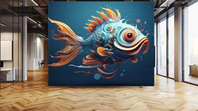 Golden Fish-robot in the sea, 3D, bright illustration, color postcard. Generated AI Wall mural