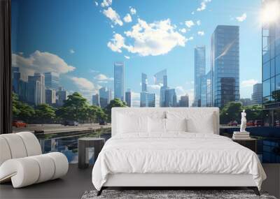 Modern skyscrapers made of glass and metal, creating a beautiful cityscape from the water against the blue sky with clouds, 3D rendering, the concept of a comfortable metropolis life. Wall mural