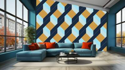 Seamless geometric pattern in blue and beige color. Abstract op art background. 3D cube geometric design. Wall mural