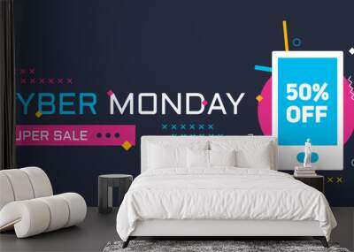 Cyber Monday banner with geometric details, bold text, smartphone template and bright colors. Designed for web and prints. Wall mural