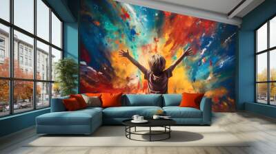 rear view of cute baby spread arms up with textured wall and splashes of colorful paints with copy space. Happy childhood. Generated AI Wall mural