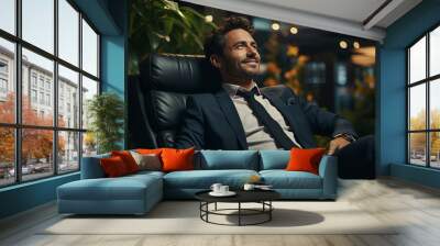 Smiling successful businessman leaned back in his leather chair. Generated AI Wall mural