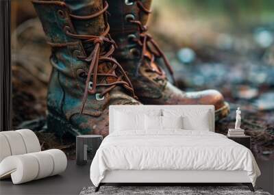 Two dirty military boots stand on the ground, harsh environment and harsh operating conditions. The boots are worn and covered in dirt. Close-up with copy space Wall mural