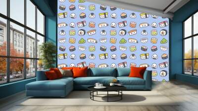 Happy kawaii sushi pattern. Pattern made by sushi, wasabi and miso soup in a kawaii style. All cute, childish and minimalist. Wall mural