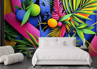 Colorful Abstract Artwork Featuring Vibrant Leaves and Geometric Shapes on a Blue Background Wall mural