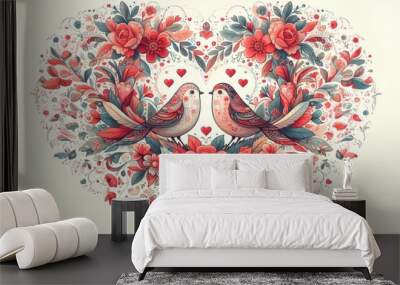 Zwei Vögel in einem Herz aus floralen Elementen, generative KI  Wall mural