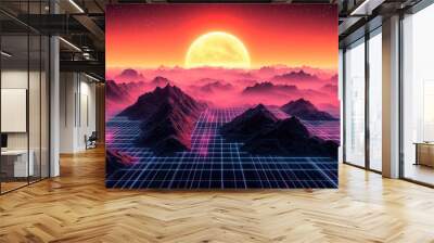 Vibrant Sunset Over a Surreal Grid Based Landscape Surrounded by Mountains and Mist Wall mural