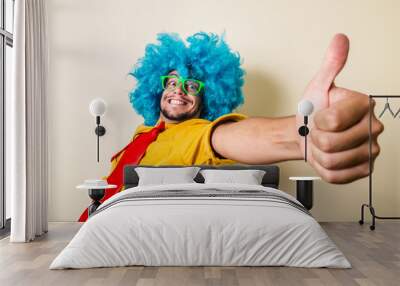 crazy funny young man with blue wig Wall mural