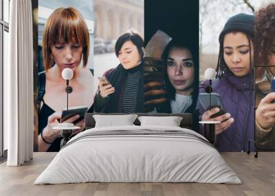 Diverse people. Collage of diverse multi-ethnic and mixed age women using smartphone Wall mural