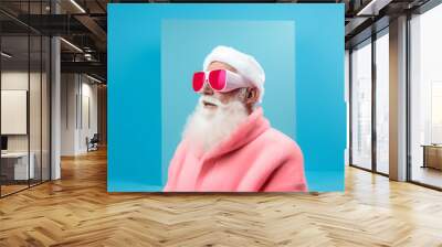 Generative ai old senior man wearing santa claus costume using 3D goggles experiencing metaverse Wall mural