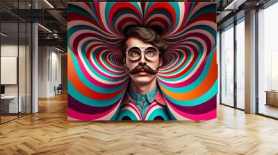 Generative ai optical art fashion portrait caucasian young man big mustache posing Wall mural