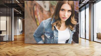 Portrait of young handsome caucasian blonde straight hair woman Wall mural