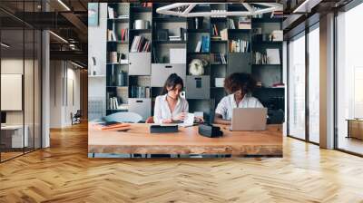 two young women studying together in modern co working office Wall mural