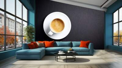 Cup of coffee on black background. Top view. Copy space. Wall mural