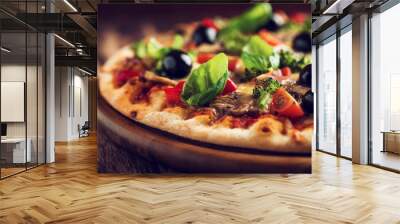 Healthy pizza with ham, broccoli, cherry tomatoes, red pepper and champignon mushrooms. Close up. Wall mural