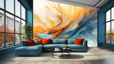 Abstract watercolor, organic fluid shapes, bright orange and blue, delicate feather rendering Wall mural