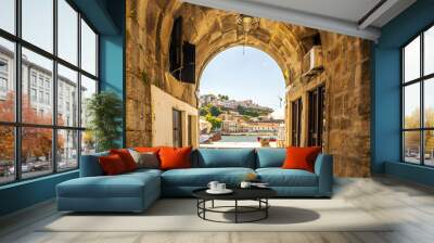 Historic gate to medieval city of Porto with view on Vila Nova de Gaia, Portugal Wall mural