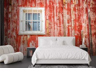 old window in reddish wooden building Wall mural