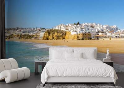 Wide, sandy beach in white city of Albufeira, Algarve, Portugal Wall mural