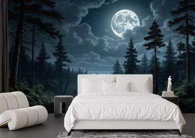 Night forest illustration: Dark, lush trees, hidden moon Wall mural