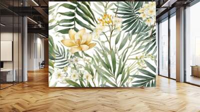 tropical leaves and flowers in a soft watercolor style background Wall mural