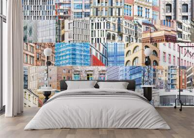 Collage of ancient and modern Berlin furs. Background with architectural details. Wall mural