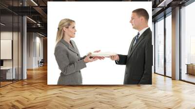 business people passing a folder isolated on white Wall mural