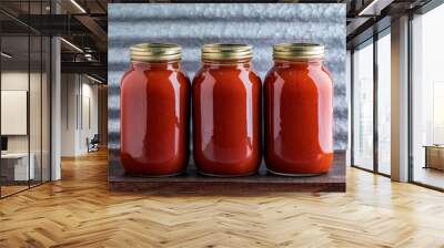 Three jars of homemade water bath canned crushed tomato sauce made from homegrown tomatoes on a wooden table and industrial background Wall mural