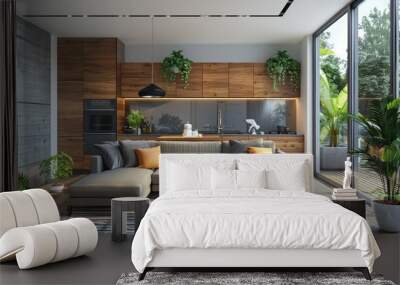 A modern living room with a large sectional couch, a coffee table, and a potted plant Wall mural