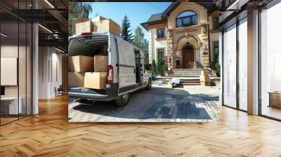 A white van is parked in front of a house with boxes on the back Wall mural