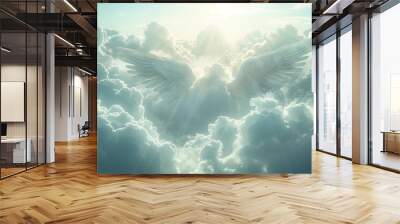 wings in the clouds. Angel wings in the white sky, rays of light, God's light, clear background wallpaper screensaver Wall mural