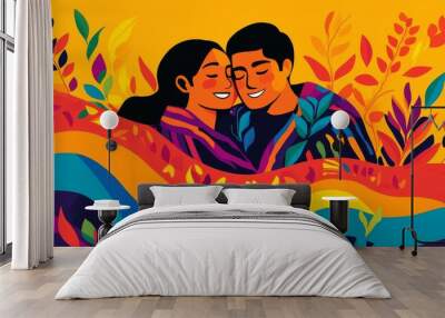 A vibrant celebration of love and unity between two individuals amidst a colorful landscape of nature's beauty and creativity, symbolizing pride and connection Wall mural