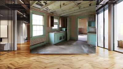 Abandoned House Kitchen with Green Cabinets Wall mural