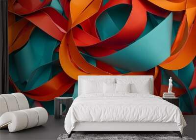 Abstract Geometric Pattern With Red, Orange, And Teal Paper Ribbons Wall mural