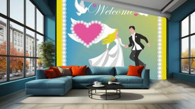 Vector illustration, Welcome to wedding, couple dancing, pigeons is carrying text Welcome. Wall mural