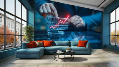 An innovative businessman analyzing market trends with a digital shopping cart while highlighting upward growth in a modern office setting during the evening Wall mural