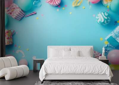 Birthday Party Background With Balloons, Gifts, and Confetti Wall mural