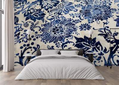 Blue and White Batik Floral Pattern Fabric Wall mural