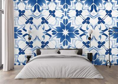 Blue and White Japanese Floral Tile Pattern Wall mural