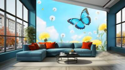 Blue Butterfly & Dandelions Spring Background Wall mural